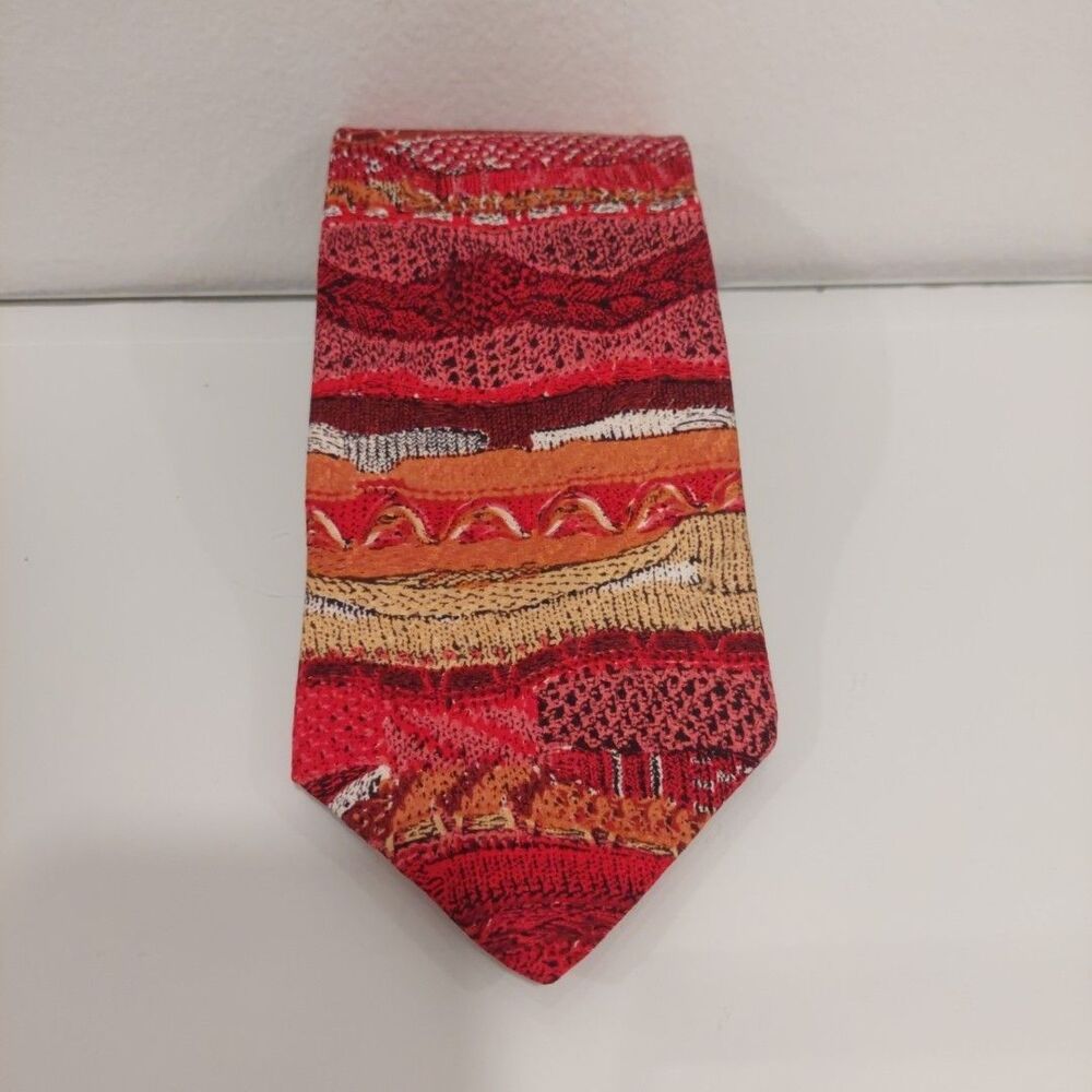Coogi Australia Necktie Tie Designer Silk Red Brown Yellow Orange Folk Abstract